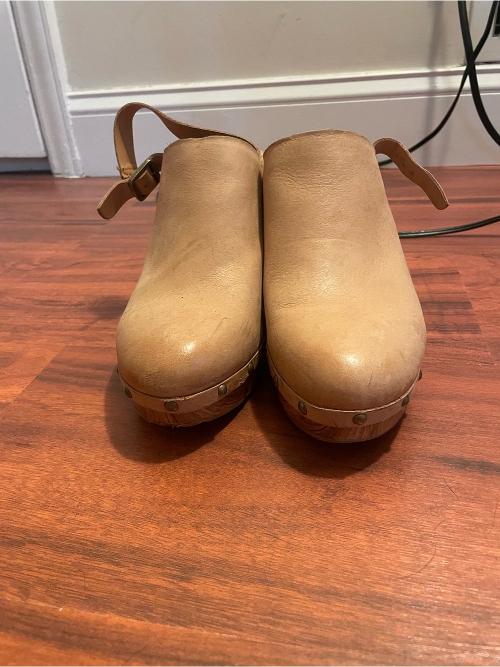 Women's Tan Leather Clog Mules with Ankle Strap